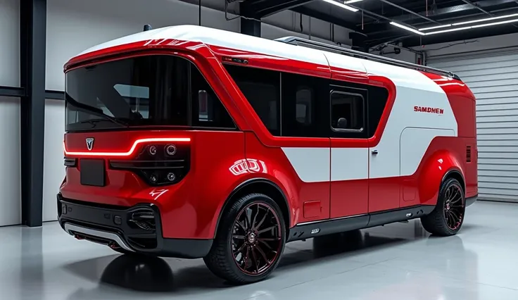 "A Back side view of a Dacia Sandman 4x4 motorhome with a vibrant red and white color scheme. The design is bold and modern, with uniquely styled headlights and a grille that reflects elegance and durability. The tires and rims are high-end and intricately...