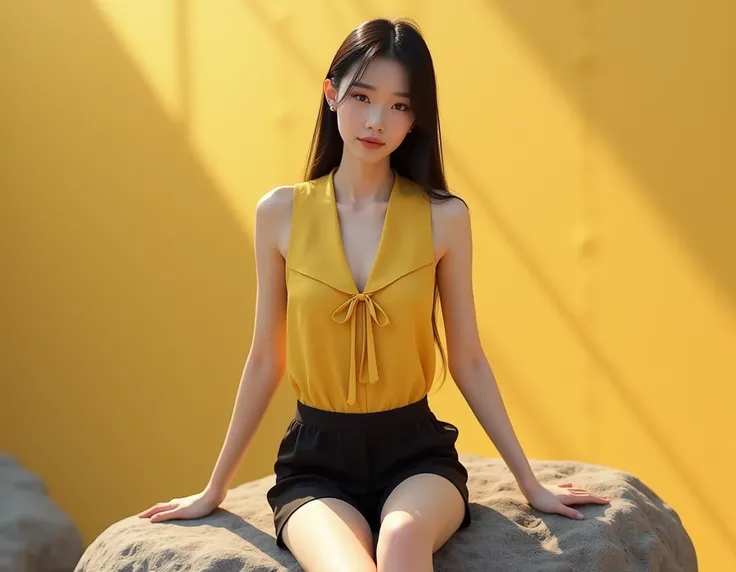 A tall and slender Yunnan Chinese model with fair skin and straight black hair, wearing a yellow vest with a long bow tied at the chest and black shorts, simple and casual Korean style, sitting on a rock, with a warm background and soft natural light, high...