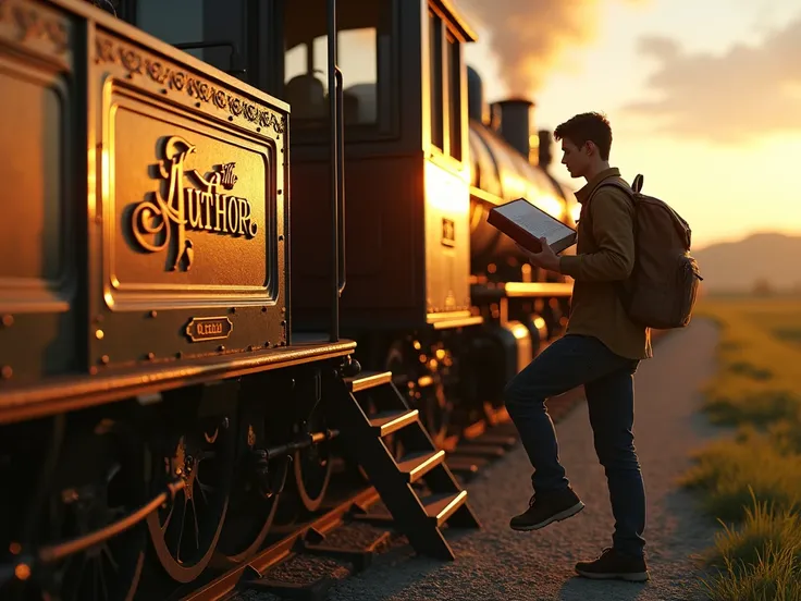 "A hyper-realistic scene set at a vintage train station during the golden hour, bathed in the soft, warm glow of the setting sun. In the foreground, a student in casual attire, with a well-worn backpack slung over one shoulder, is mid-step on a ladder as h...