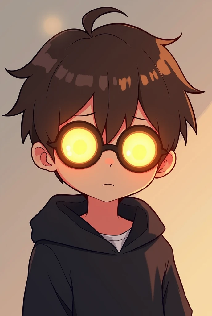 Guy with brown hair,glowing glasses, anime adaptation ,chibi style , serious,half body picture,have bangs,warm vibe,black hoodie