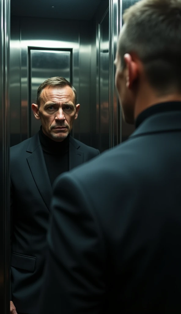 james bond reflection smiling in an elevator but james bond is not smiling