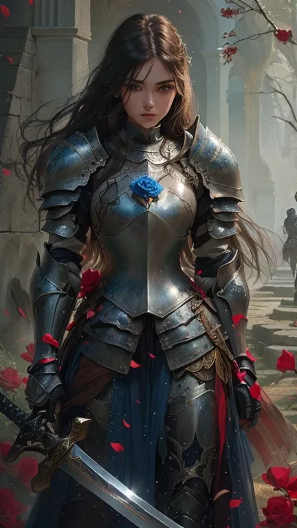 Woman in armor holding a sword and a blue rose, of a beautiful Female Knight, Female Knight, beautiful Female Knight, Girl in Armor, Girl in knight&#39;s armor, Beautiful Armor, Woman in red armor,  Fantasy Paladin Women , Female Armor, Female Paladin, pic...