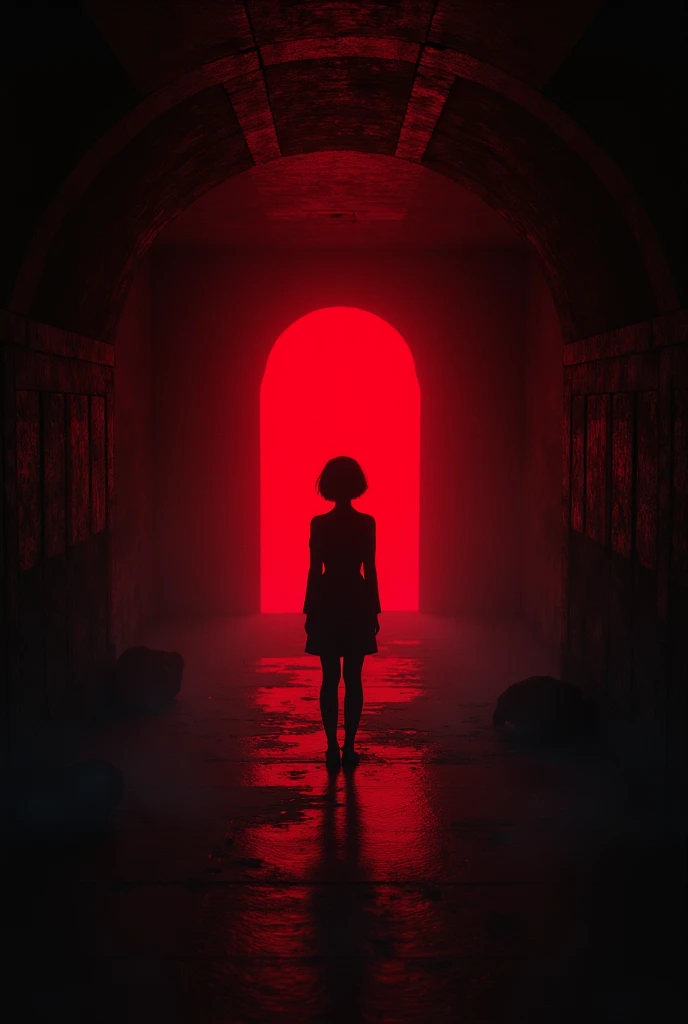 A very dark tunnel  , I can only see the red light in the middle 
The letters are round and written Involved You Are 
The woman with short hair in the middle can see the back