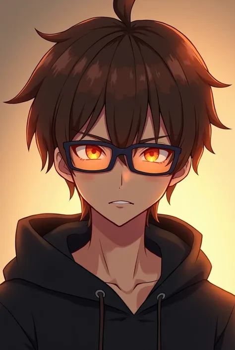 Guy with brown hair,glowing glasses, anime adaptation ,chibi style , serious,half body picture,have bangs,warm vibe,black hoodie,hand drawn