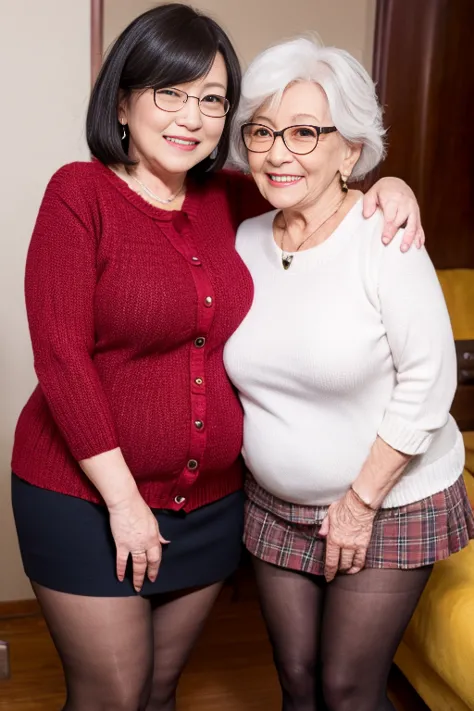 two 80 year old japanese mature pornstars wearing knitted cardigans and tartan check pencil skirts for elderly mature women、 sty...