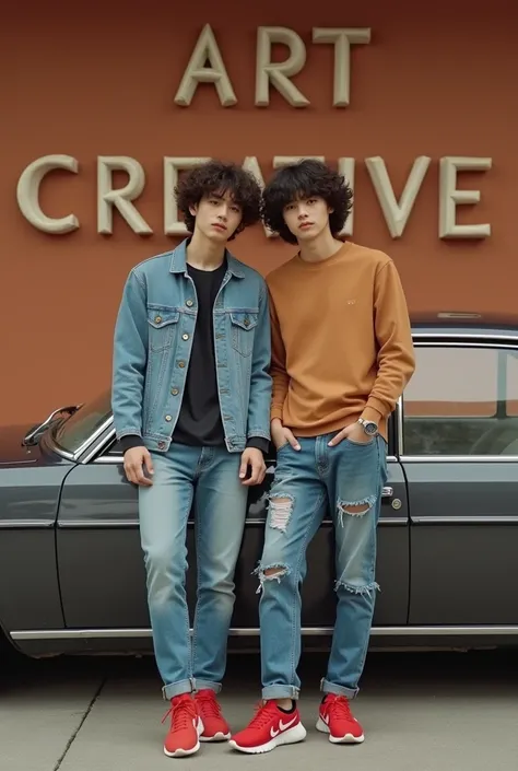 Couple of Korean boyfriends with curly hair standing in a car ClassicCool Korean variation watch on his left hand wearing pencil jeans with a variation of a tear on the knee wearing red Nike shoes sittings classic brown wall background inscribed ART CREATI...