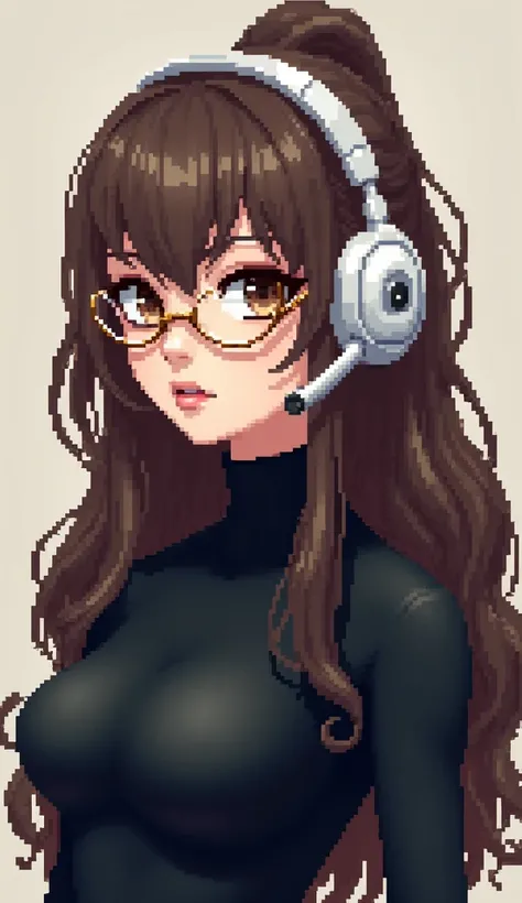 Draw main character in pixel ART girl with long wavy brown hair and bangs. Com headset branco. in black clothes. Oculos bronze metalico.  brown eyes