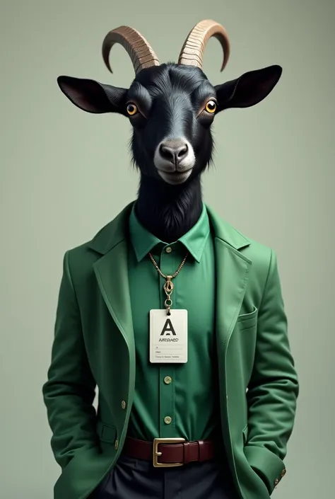 Suprised black goat with green shirt and a coat and having a company i card hanging