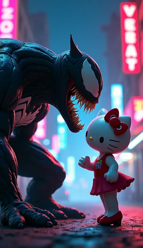  lets capture the moment when its fluctuating between friendship and confrontation {x} as a prompt to draw a scene where Venom and Hello Kitty face off、 suggests content like the one below ：

---

「Street corner in the dark night、 Venom stands in his creep...