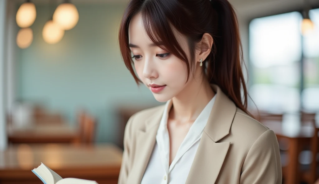 A beautiful Japanese woman wearing a white blouse with a long beige jacket:1.21, extremely detailed skin, large breasts:1.22, deep cleavage, small head, cute face, pony tail, brown straight hair:1.21, neatly styled, bright eyebrows, pony tail, reading at t...