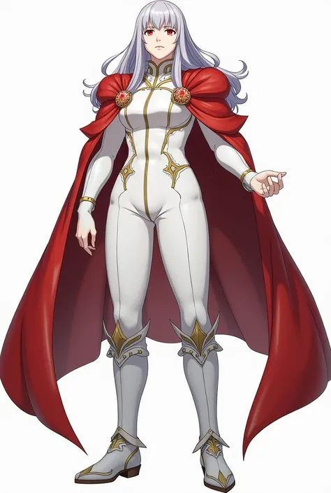 Velouria frome vidéo game Fire Emblem Fates with red eyes in white outfit with a red cape and grey hair in giantess version 