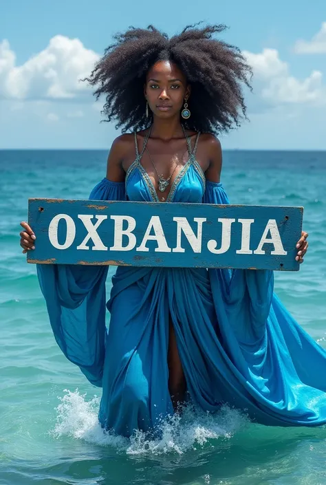 Iemanja dressed in blue in the sea ,  holding a sign with The phrase : " Spiritist Tent by Umbanda Oxossi Ytayossi "  with all the letters in Portuguese and large letters in Portuguese 