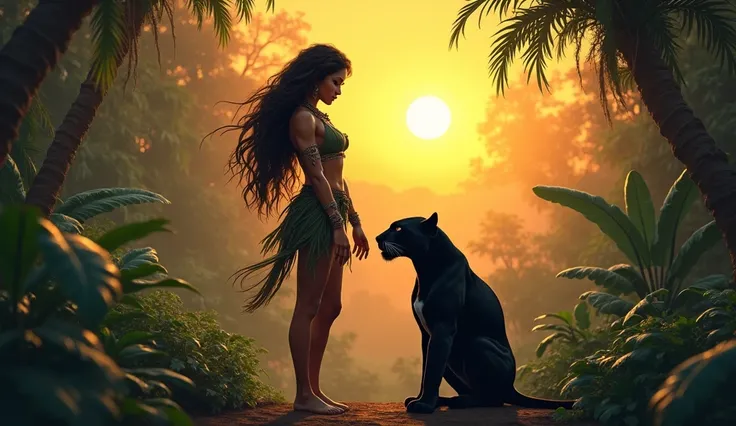 
Show Nagarani talking to a majestic black panther, Kali ,a majestic muscular man who have tatu ,
 her most trusted companion. Nagarani should have a calm and confident expression, while Kali sits loyally by nagarani, Dreses a jungle-themed outfit with a t...