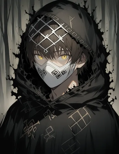 One Person, Half Body, Adult Male, brown Hair, short Hair, Light yellow eyes, Full face mask, white mask, white Hooded cloak, black bodysuit, Dark forest, Black Aura, rune motif on cloak, black thread, cover your head with a hoodie,