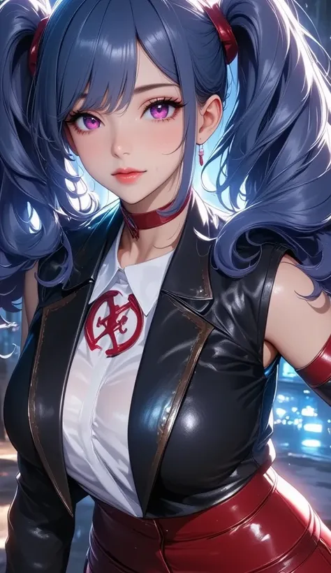 (( top quality)), (( Artwork )), ( Highly detailed :1.3),  mystery style , blue-haired girl, Jinx, Arcane, Red lips, Arcane. Jinx, twintails，girl with blue hair, Jinx, Arcane, Jinx de Arcane, Jinx usa uma blusa marrom com um x no meio sa blusa, Arcane, Jin...