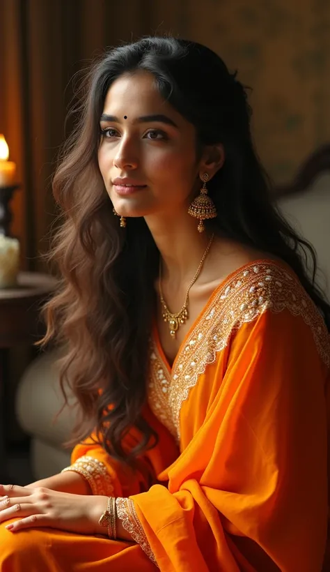 Create a high-resolution image of a young woman seated gracefully, radiating timeless elegance and cultural richness. She wears a vibrant orange sari with intricate golden embroidery, complemented by golden jhumka earrings and a delicate necklace, while a ...