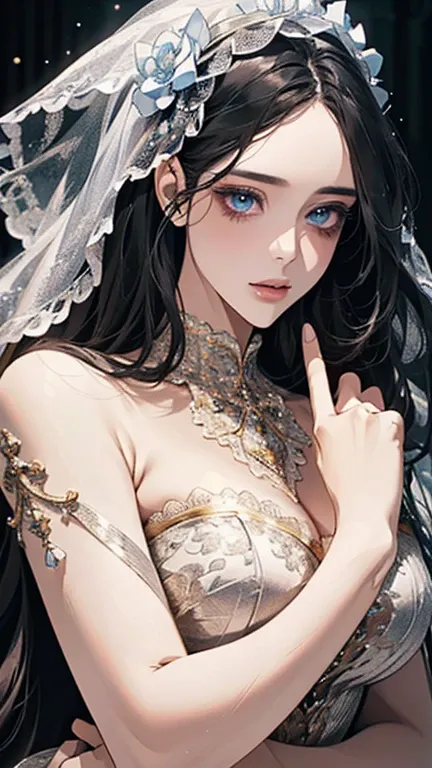 1 girl, beautiful detailed eyes, beautiful detailed lips, extremely detailed eyes and face, long eyelashes, bride in white casamento dress, holding flowers, perfect face, blue eyes, black hair, full body portrait, (best quality,4k,8k,highres,masterpiece:1....