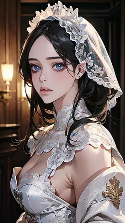 1 girl, beautiful detailed eyes, beautiful detailed lips, extremely detailed eyes and face, long eyelashes, bride in white casamento dress, holding flowers, perfect face, blue eyes, black hair, full body portrait, (best quality,4k,8k,highres,masterpiece:1....