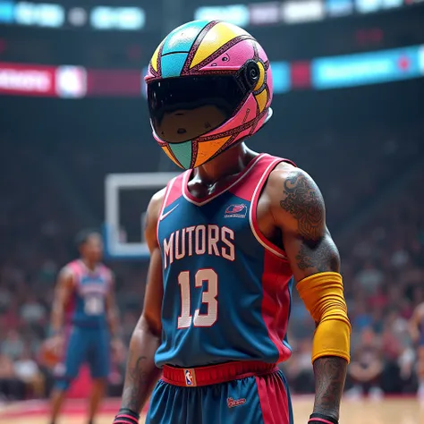 Basketball player with colorful bucket head 