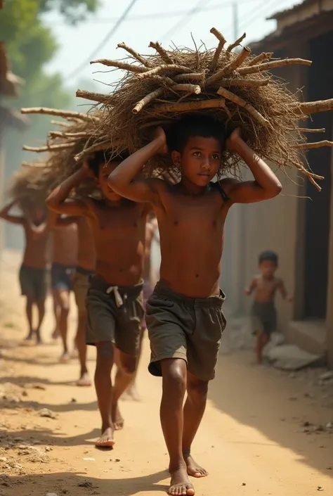 Teenage local boys carrying a bunch of wood on their heads and other one running behind them