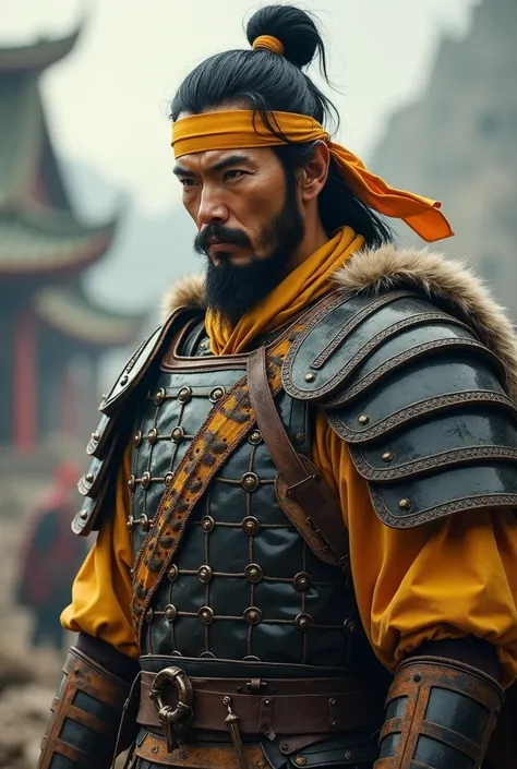 A black-haired adult beardless male from the Three Kingdoms period wears a yellow headband wearing a Hanseatic armor