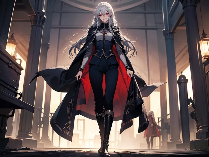 (Confused, High resolution, Very detailed), 1 female, Silver Hair,Long Hair,Bright red eyes,navy blue formal,24th generation,beauty,vampire,mature,thin,quiet,Calm,A small smile,A kind smile,In front of people you like,Long Cape,Slender and thin,boots,skinn...