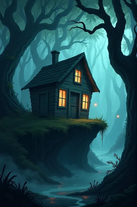 A small, old wooden house standing at the edge of a dark, eerie jungle. The jungle is dense with tall, twisted trees, glowing eyes peeking from the shadows, and a layer of fog. The scene is drawn in 2D cartoon animation style, with a creepy and mysterious ...