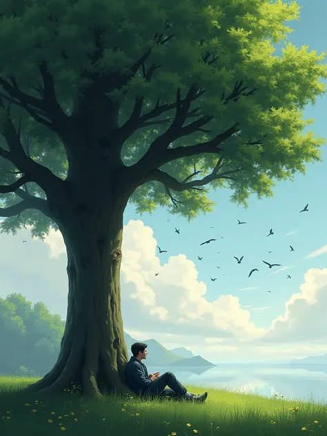 a big tree , a man relaxing under tree , lite wind sky in dark clouds and birds flying in white colour,