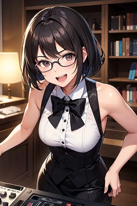  1 girl,adult,  high definition , Glasses, shorthair , Dark hair ,Face layer , Laughing/ good laugh,  Backlight ,Concentrated line, sleeveless、Tuxedo,DJ Booth,Books、microphone