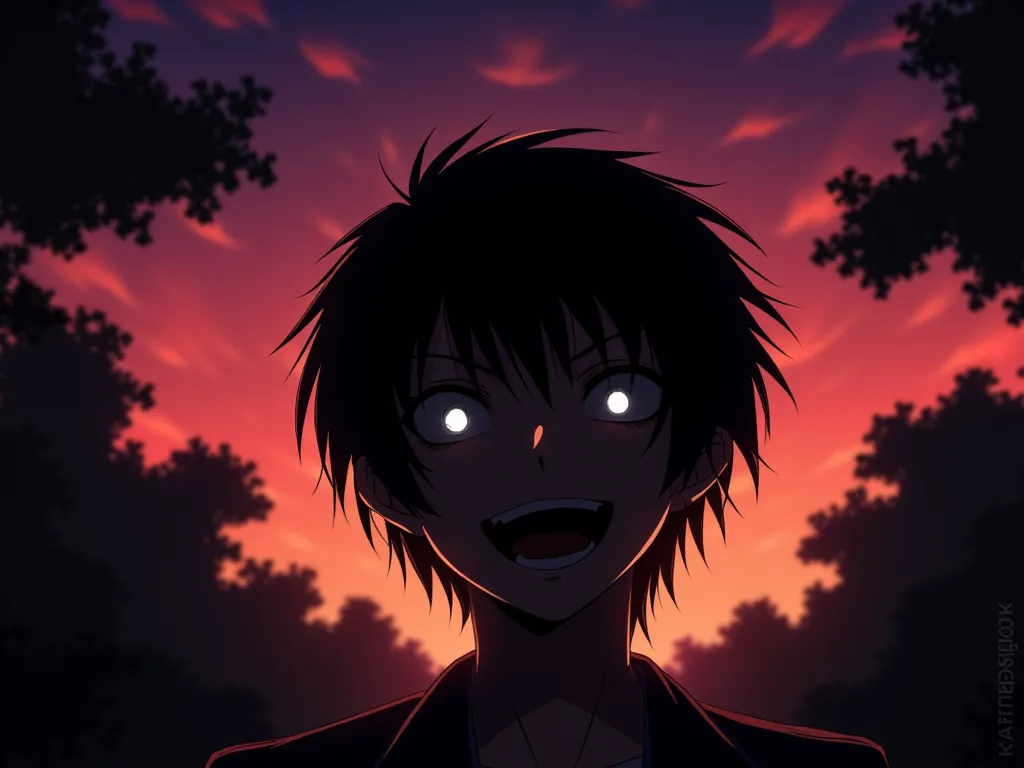 dark style, masterpiece, low angle of a silhouette of a person, anime in realism, white eyes, pointed white teeth, massive smile...