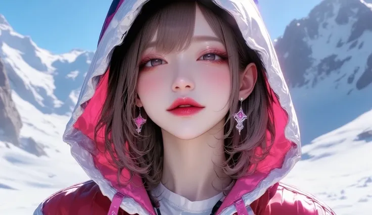 (masterpiece, Best picture quality, 8k), Idol appearance, adult,  perfection of fashion,  Korean makeup, Lip Tint, whole body, frontal, Seductive Smile,In a snowy field in front of a snowy mountain,  Finely drawn , Realistic, Outdoor,  ultra high definitio...