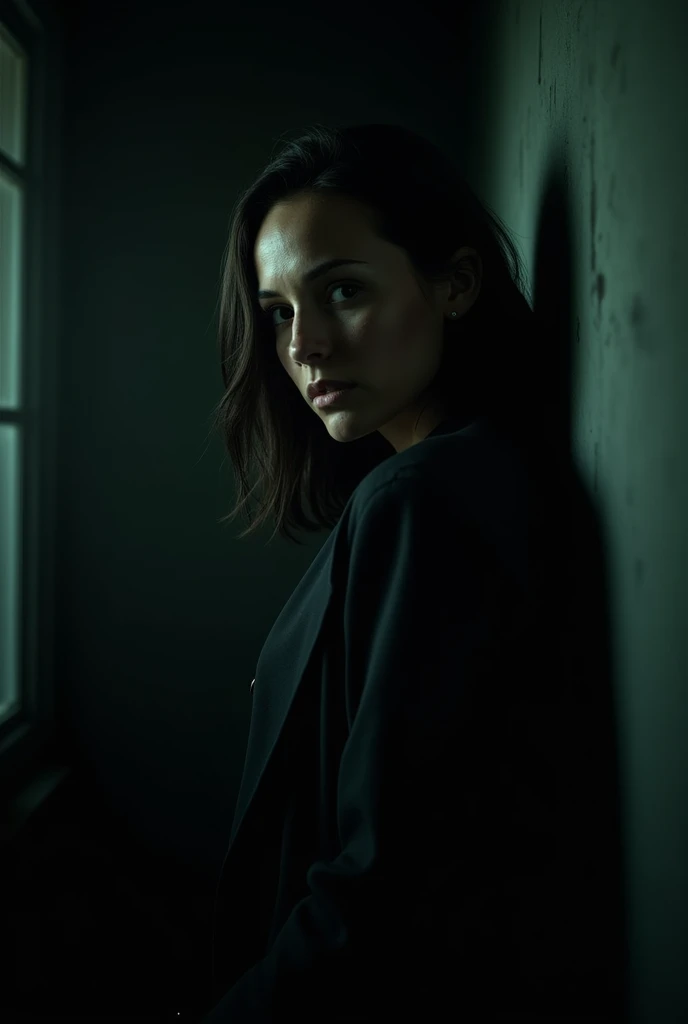 a woman in a dark room, looking over her shoulder, highly detailed, photorealistic, cinematic lighting, dramatic atmosphere, muted colors, chiaroscuro lighting, moody, suspenseful, intricate details, masterpiece