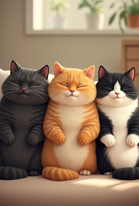 3 fat cats sitting together, the first cat is a full black striped cat, second cat is light yellow brownish cat with a white fur on its chest, and 3rd cat has black fur on both of its eyes, with white fur on its nose and body