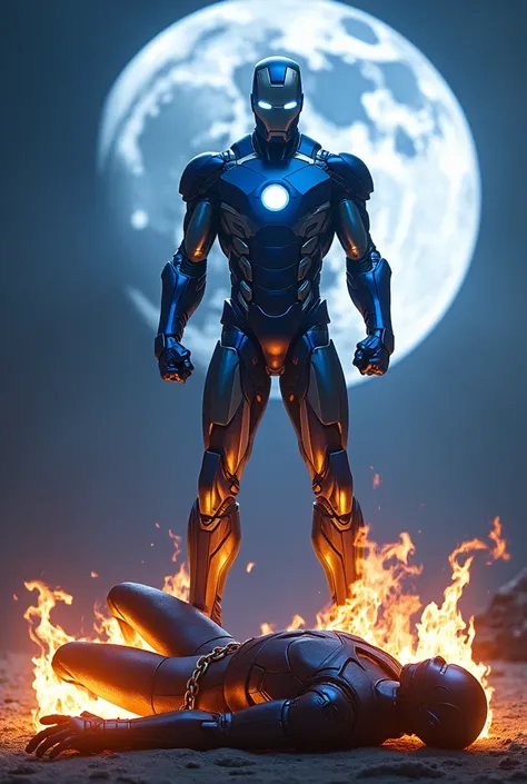 Blue Iron man ने ghost rider को मार दिया है और उसके ऊपर पैर रख रखा है
Stand up moon baground earth 