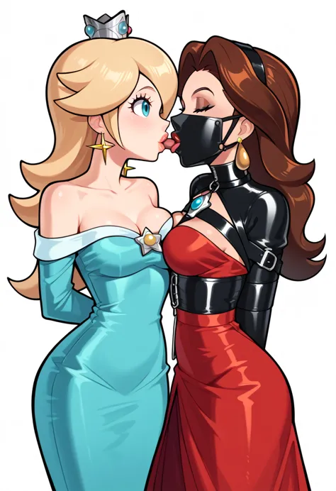 2girls, duo ,( (rosalina from super mario lore,  wearing blue strapless dress)) and ( (pauline, pauline from super mario lore, p...