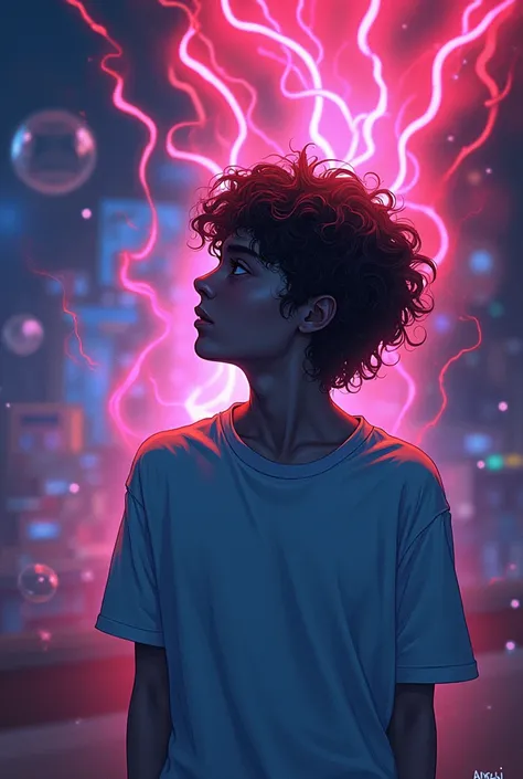  Create an image for a Spotify cover with the title I forgot how to forget you, where a boy with curly hair cant stop imagining his girl everywhere in a world of neon and vibrating 