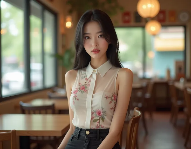 A tall and slender Yunnan Chinese model with fair skin and straight black hair, wearing a white floral see-through sleeveless shirt with pleated collar and a black denim mini skirt, simple and casual Korean style, sitting in a coffee shop, with soft natura...