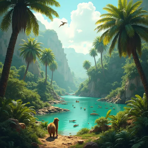 "A prehistoric Sahara jungle scene with animals like early mammals, birds, and fish swimming in large freshwater lakes, showcasing the diverse wildlife of the time."