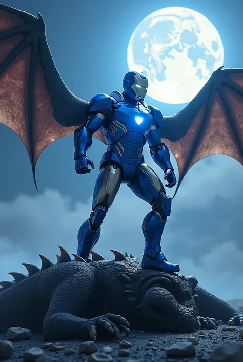 Blue Iron man ने dragon with wings को मार दिया है और उसके ऊपर पैर रख रखा है
Stand up moon baground earth 