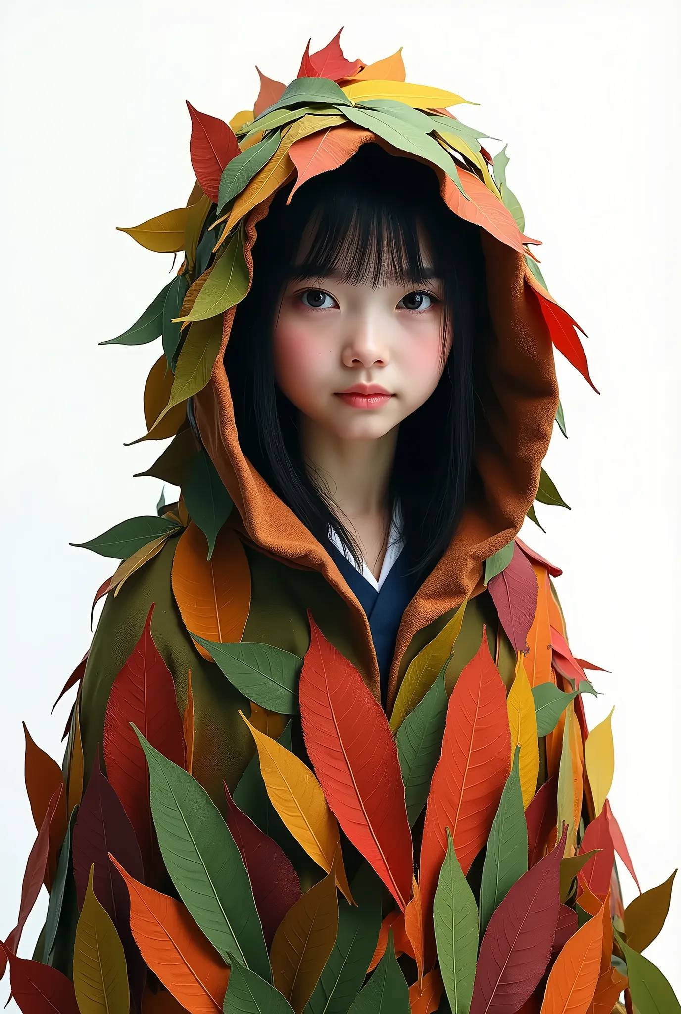 live-action、 real、 very beautiful japanese schoolgirl、Wrap yourself in a hooded cloak made by sewing colorful leaves together、White background
