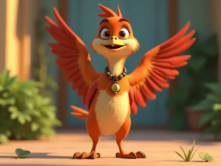   image for a cartoon story YouTube video in Pixar format. Roxy, a brave bird : Изображение Roxy — цыпленка с яркими перьями,  with an energetic look and a trinket around her neck .  Her posture is confident ,  she stands with wings to the side ,  ready fo...