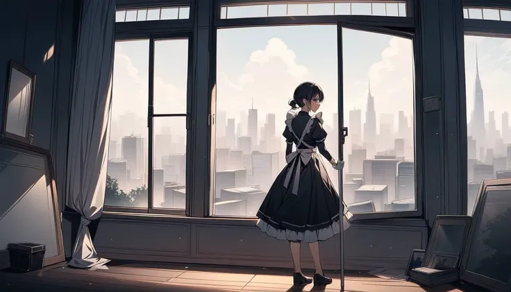 Girl in maid clothes cleaning a window　 full body view