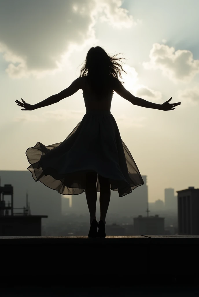 Create a silhouette of a woman in a dress on the roof by spreading both hands