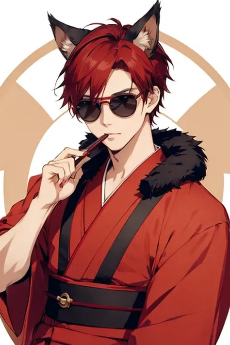  One young man、male、Short Hair、 red hair、Fox ears、Japanese clothing、 round sunglasses 、fan、evil