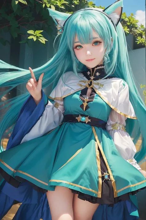 a close up of a person in a dress with a cat ears, cute girl with teal hair, portrait knights of zodiac girl, aqua from konosuba, realistic