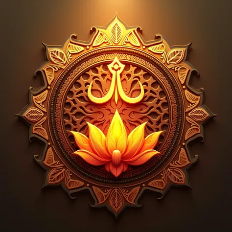 A spiritual and artistic logo representing Hindu mythology, featuring a divine symbol like Om, Trishul, or a lotus flower, with intricate patterns inspired by Indian temple art. The design includes a glowing aura around the symbol, warm colors like saffron...