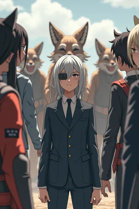 5 vs 5 Garma,  Calm gray hair ,   Thin hair tied at the back .(Long hair)
Fox statue,  Always smiling .  Specially made monocle ( Horsepower values can be checked )Wear .  Wear casual clothes like a suit.