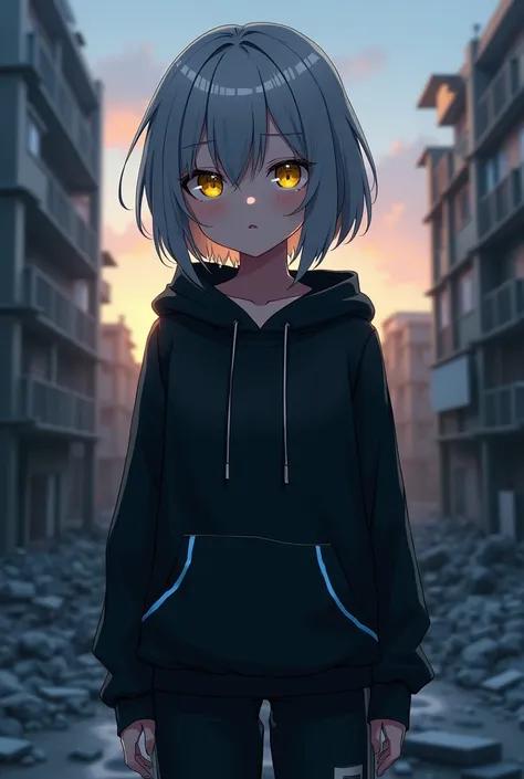 Grey Hair,Yellow Eyes, My hair is black , medium hair , boyish ,cool, pretty girl,Neutral,Handsome Girls,Small breasts, Tall, adult woman laughing, Im wearing a hoodie with a black base and blue lines, Im wearing long, mouse colored pants , anime style,Aba...