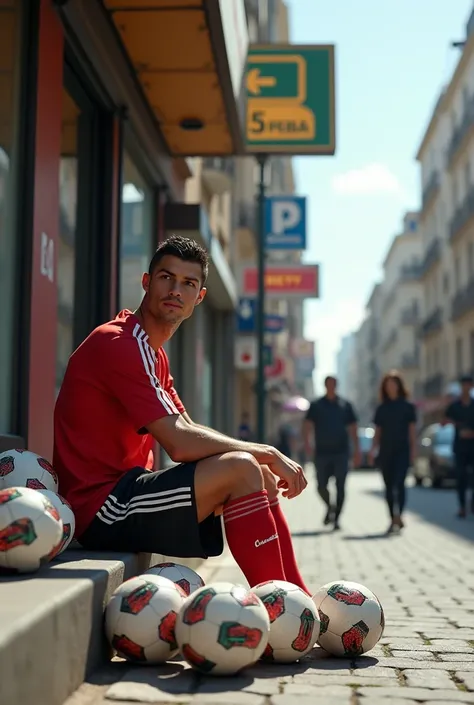 (photorealism:1.2), At a busy street corner, Christiano Ronaldo sitting at the left side of the road with a pile of footballs trying to selling them