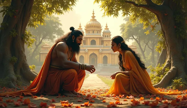 
Hanuman Meets Sita in Ashok Vatika
"Hanuman crouching in a lush Ashok grove, speaking softly to a sorrowful Sita, with Ravan’s golden palace looming in the background